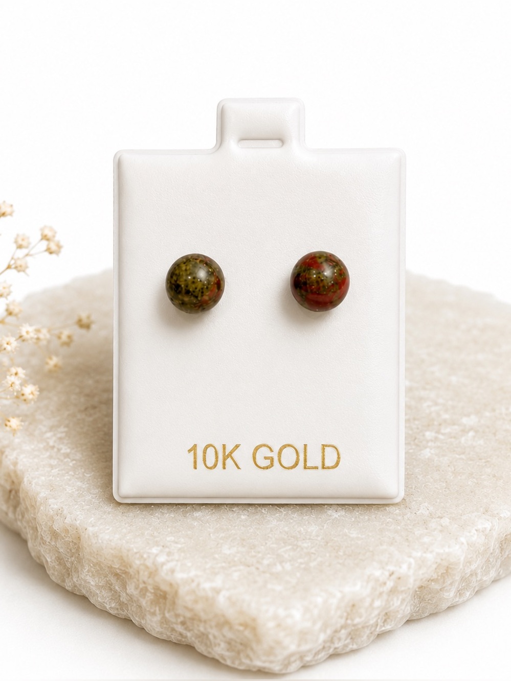 10K Gold Unakite / Dragon Stone Ball Stud Earrings NWT